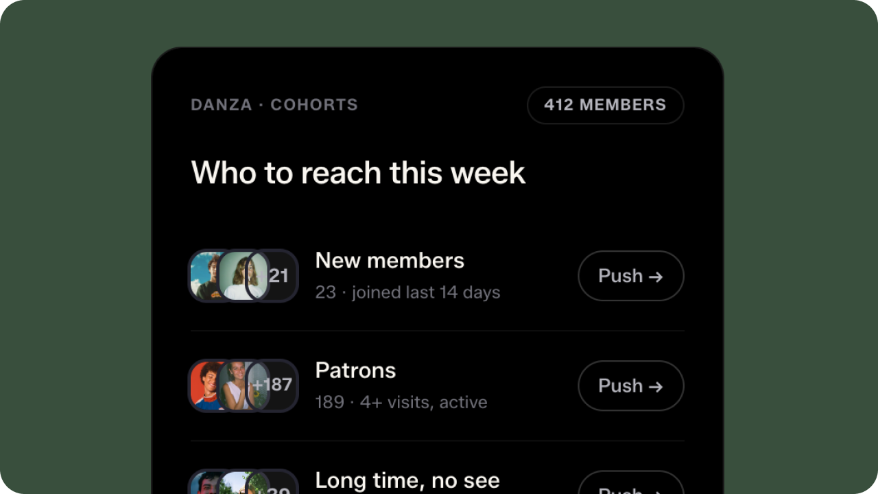 Member groups to reach this week: new members, patrons and long-time guests, each with a Push button