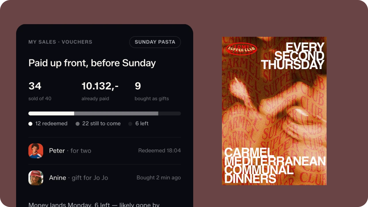 Voucher sales overview for a Sunday pasta night next to a supper club event poster