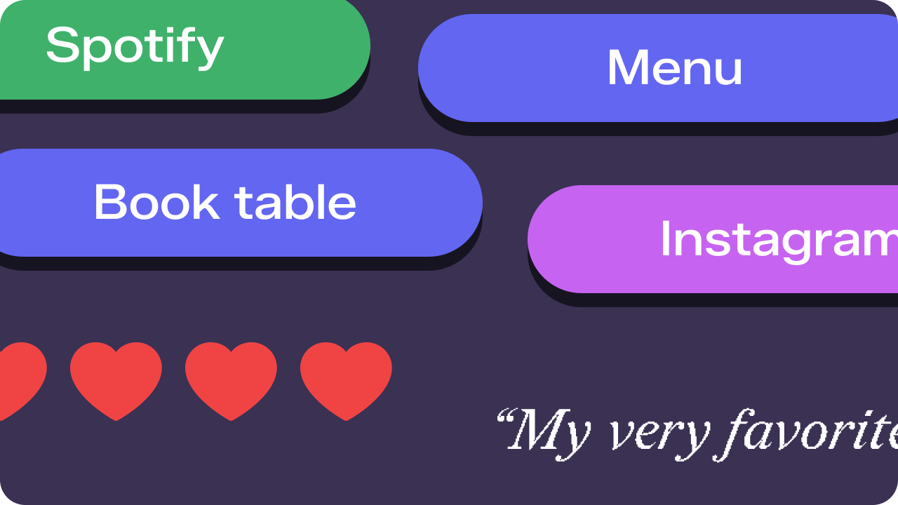 Link buttons for Spotify, Menu, Book table and Instagram, with hearts and a guest quote